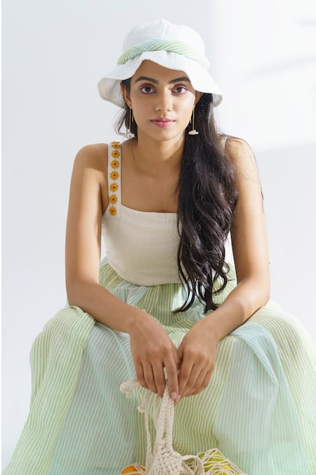 Shop_The Right Cut_Blue Handloom Cotton Daisies Square Neck Lazy Daisy Dress _Online_at_Aza_Fashions