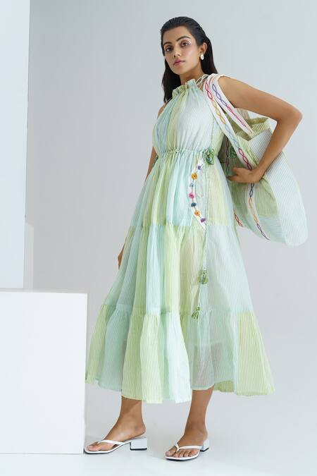 Buy_The Right Cut_Blue Handloom , Mul Striped Halter Firefly Tiered Dress _Online_at_Aza_Fashions