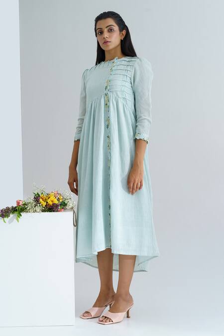 The Right Cut Blue Cotton Mul Floral Motifs Round Aqua Marine Handloom Dress Online at Aza Fashions The Right Cut_Blue Cotton Mul Floral Motifs Round Aqua Marine Handloom Dress _Online_at_Aza_Fashions