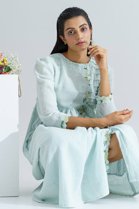 Shop The Right Cut Blue Cotton Mul Floral Motifs Round Aqua Marine Handloom Dress Online at Aza Fashions Shop_The Right Cut_Blue Cotton Mul Floral Motifs Round Aqua Marine Handloom Dress _Online_at_Aza_Fashions