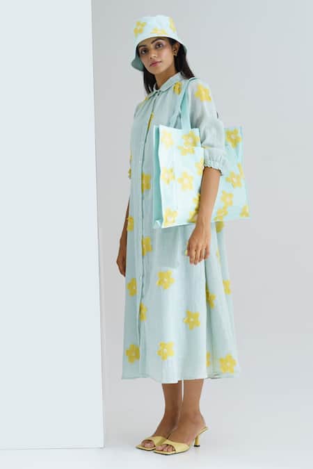 Shop_The Right Cut_Blue Handloom Cotton Appliqued Floral Motifs Collared Neck Lemonade Dress _at_Aza_Fashions