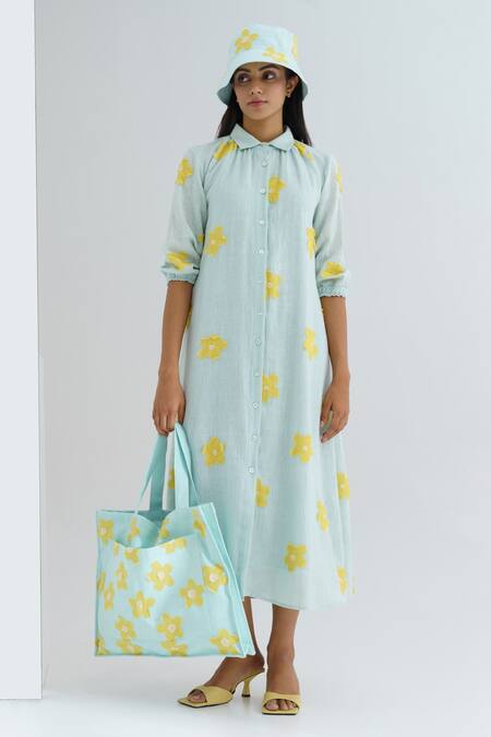 The Right Cut_Blue Handloom Cotton Appliqued Floral Motifs Collared Neck Lemonade Dress _Online_at_Aza_Fashions