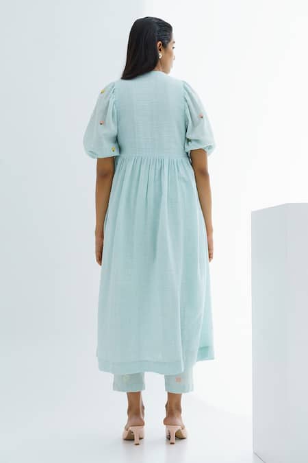 Shop The Right Cut Blue Handloom Cotton Floral Motifs Round Anarkali And Pant Set at Aza Fashions Shop_The Right Cut_Blue Handloom Cotton Floral Motifs Round Anarkali And Pant Set _at_Aza_Fashions