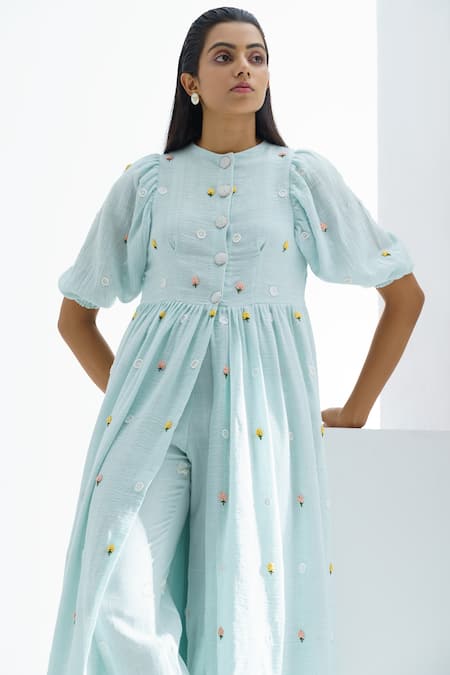 Buy The Right Cut Blue Handloom Cotton Floral Motifs Round Anarkali And Pant Set Online at Aza Fashions Buy_The Right Cut_Blue Handloom Cotton Floral Motifs Round Anarkali And Pant Set _Online_at_Aza_Fashions
