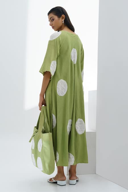 Shop The Right Cut Green Handloom Cotton Polka Dots V Neck Lemonbay Dress at Aza Fashions Shop_The Right Cut_Green Handloom Cotton Polka Dots V Neck Lemonbay Dress _at_Aza_Fashions