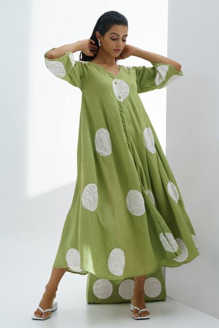 The Right Cut Green Handloom Cotton Polka Dots V Neck Lemonbay Dress Online at Aza Fashions The Right Cut_Green Handloom Cotton Polka Dots V Neck Lemonbay Dress _Online_at_Aza_Fashions