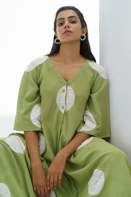 Shop The Right Cut Green Handloom Cotton Polka Dots V Neck Lemonbay Dress Online at Aza Fashions Shop_The Right Cut_Green Handloom Cotton Polka Dots V Neck Lemonbay Dress _Online_at_Aza_Fashions