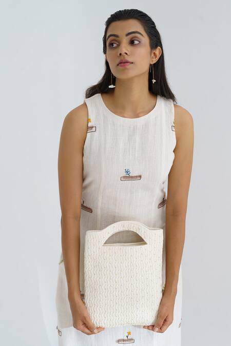 Shop The Right Cut White Handloom Cotton Appliqued Floral Motifs Round Cloud Dress Online at Aza Fashions Shop_The Right Cut_White Handloom Cotton Appliqued Floral Motifs Round Cloud Dress _Online_at_Aza_Fashions