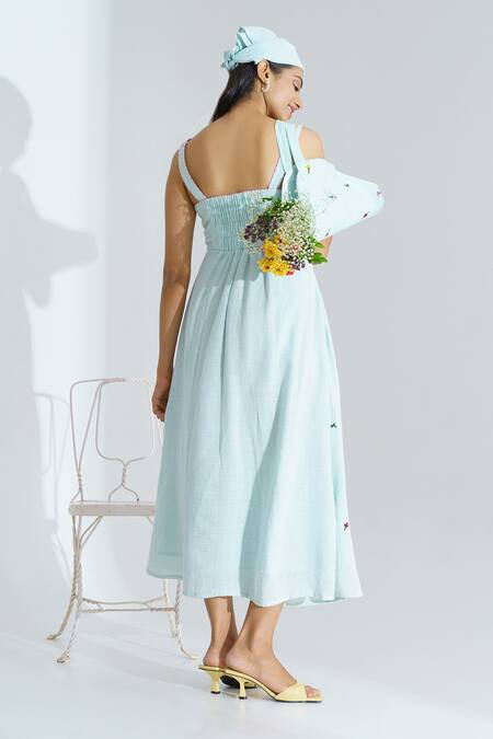 Shop The Right Cut Blue Handloom Cotton Floral Motifs Square Neck Lilycove Dress at Aza Fashions Shop_The Right Cut_Blue Handloom Cotton Floral Motifs Square Neck Lilycove Dress _at_Aza_Fashions