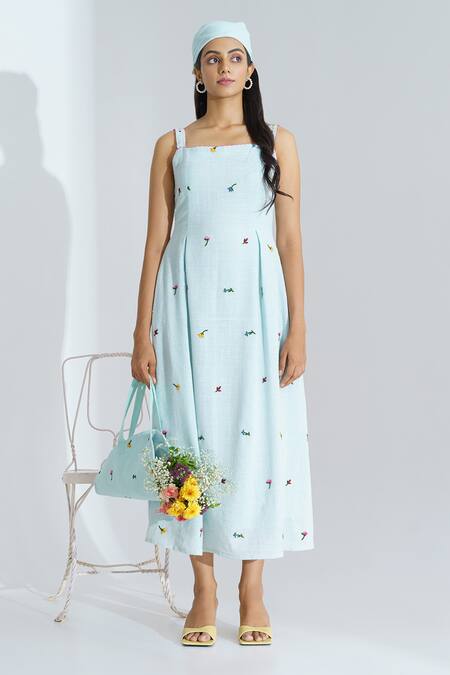 The Right Cut Blue Handloom Cotton Floral Motifs Square Neck Lilycove Dress Online at Aza Fashions The Right Cut_Blue Handloom Cotton Floral Motifs Square Neck Lilycove Dress _Online_at_Aza_Fashions