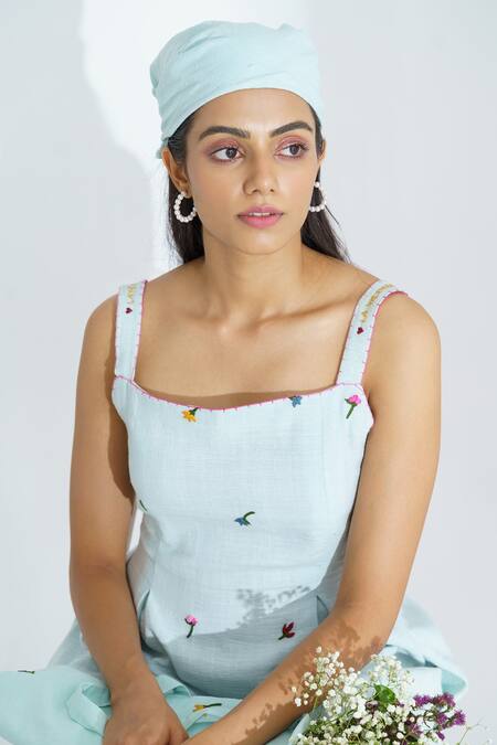 Shop The Right Cut Blue Handloom Cotton Floral Motifs Square Neck Lilycove Dress Online at Aza Fashions Shop_The Right Cut_Blue Handloom Cotton Floral Motifs Square Neck Lilycove Dress _Online_at_Aza_Fashions