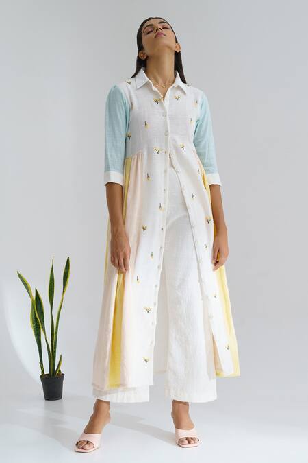 The Right Cut_Blue Handloom Cotton Floral Motifs Collared Neck Kurta And Pant Set_Online_at_Aza_Fashions