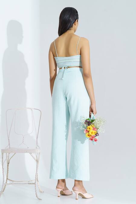 Shop_The Right Cut_Blue Handloom Cotton Appliques, Kantha V Neck Pant Set With Jacket _at_Aza_Fashions