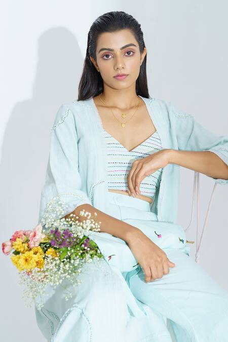Buy_The Right Cut_Blue Handloom Cotton Appliques, Kantha V Neck Pant Set With Jacket _Online_at_Aza_Fashions