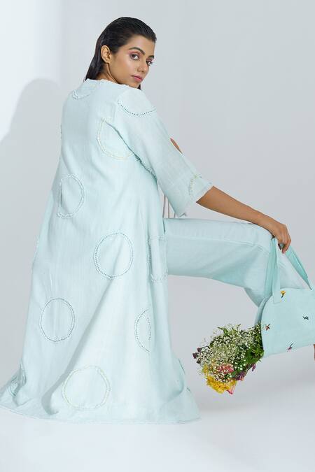 Shop_The Right Cut_Blue Handloom Cotton Appliques, Kantha V Neck Pant Set With Jacket _Online_at_Aza_Fashions