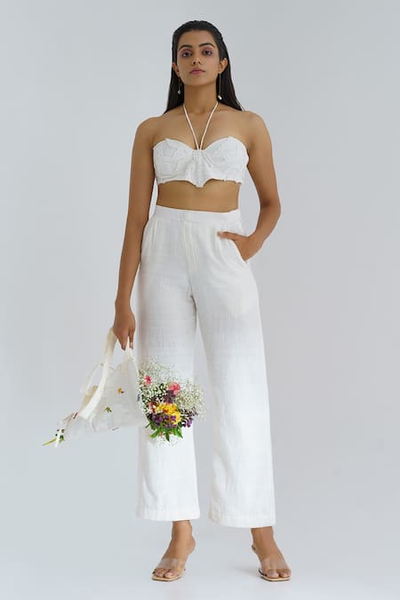 The Right Cut_White Handloom Cotton Appliques Sweetheart Neck Pant Set With Jacket_Online_at_Aza_Fashions