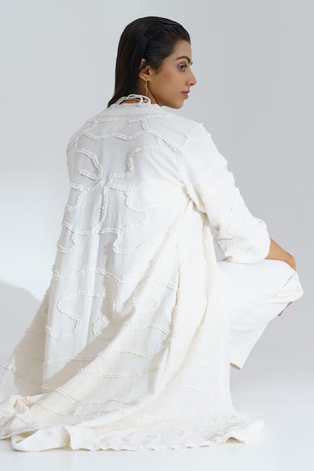 Shop_The Right Cut_White Handloom Cotton Appliques Sweetheart Neck Pant Set With Jacket_Online_at_Aza_Fashions