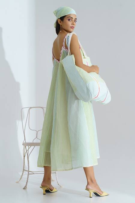 Shop_The Right Cut_Blue Handloom Cotton Striped Scoop Neck Sea Coast Dress _at_Aza_Fashions