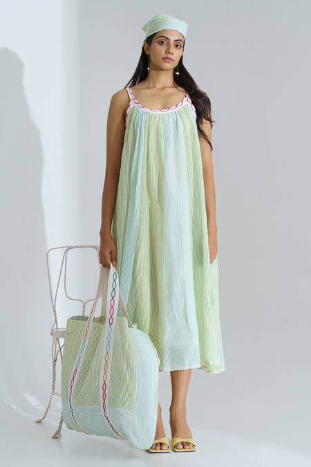 The Right Cut_Blue Handloom Cotton Striped Scoop Neck Sea Coast Dress _Online_at_Aza_Fashions