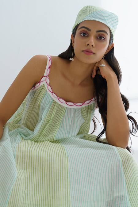 Shop_The Right Cut_Blue Handloom Cotton Striped Scoop Neck Sea Coast Dress _Online_at_Aza_Fashions