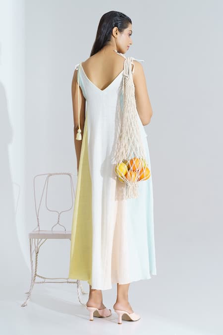 Shop The Right Cut Multi Color Cotton V Neck Marshmallow Panelled Dress at Aza Fashions Shop_The Right Cut_Multi Color Cotton V Neck Marshmallow Panelled Dress_at_Aza_Fashions