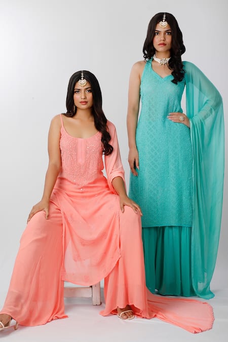 LABEL AISHWARYRIKA_Peach Georgette Chikankari, Mukaish Scoop Neck Kurta _Online_at_Aza_Fashions