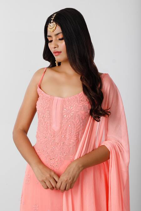 LABEL AISHWARYRIKA_Peach Georgette Chikankari, Mukaish Scoop Neck Kurta _at_Aza_Fashions