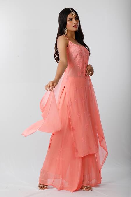 Shop_LABEL AISHWARYRIKA_Peach Georgette Embroidered Chikankari Scoop Neck Kurta Palazzo Set _at_Aza_Fashions