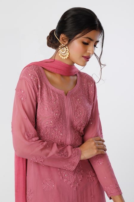 Buy_LABEL AISHWARYRIKA_Pink Georgette Chikankari, Mukaish Round Kurta _Online_at_Aza_Fashions