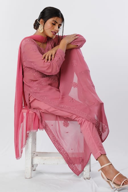 Shop LABEL AISHWARYRIKA Pink Chiffon, Georgette Chikankari Round Kurta Set at Aza Fashions Shop_LABEL AISHWARYRIKA_Pink Chiffon, Georgette Chikankari Round Kurta Set _at_Aza_Fashions