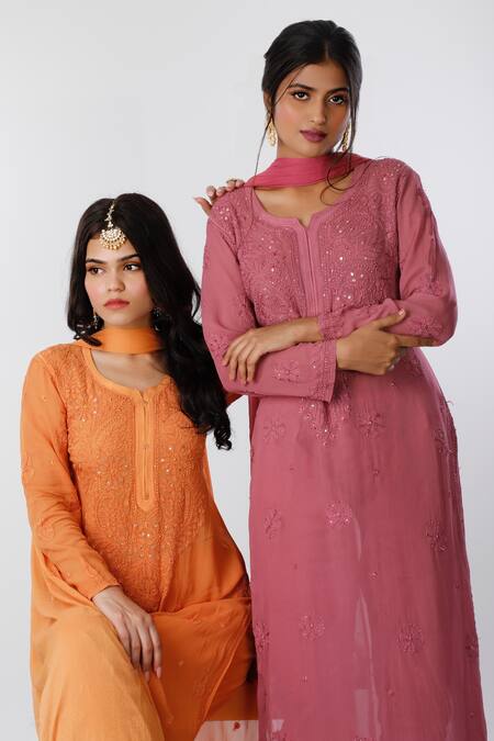 LABEL AISHWARYRIKA Pink Chiffon, Georgette Chikankari Round Kurta Set Online at Aza Fashions LABEL AISHWARYRIKA_Pink Chiffon, Georgette Chikankari Round Kurta Set _Online_at_Aza_Fashions