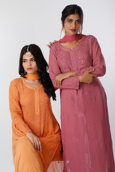 LABEL AISHWARYRIKA_Orange Chiffon, Georgette Chikankari Round Kurta Palazzo Set _Online_at_Aza_Fashions