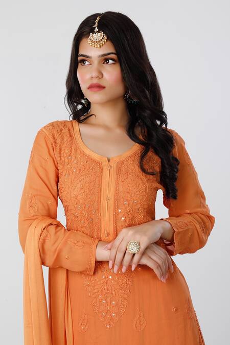 Buy_LABEL AISHWARYRIKA_Orange Chiffon, Georgette Chikankari Round Kurta Palazzo Set _Online_at_Aza_Fashions