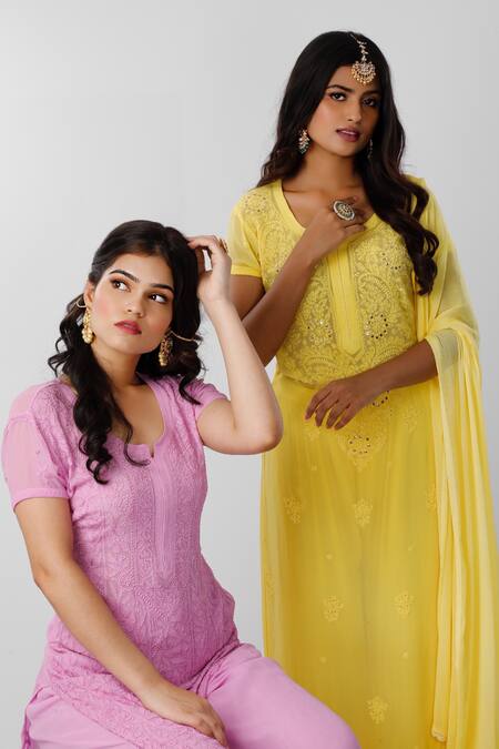 Buy_LABEL AISHWARYRIKA_Purple Georgette Chikankari Round Neck Kurta _Online_at_Aza_Fashions