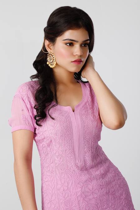 Shop_LABEL AISHWARYRIKA_Purple Georgette Chikankari Round Neck Kurta _Online_at_Aza_Fashions