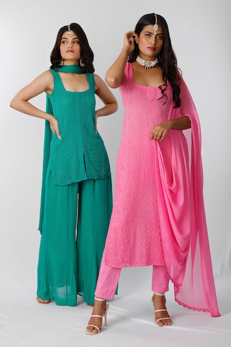 LABEL AISHWARYRIKA Green Georgette Chikankari Square Neck Kurta Palazzo Set Online at Aza Fashions LABEL AISHWARYRIKA_Green Georgette Chikankari Square Neck Kurta Palazzo Set _Online_at_Aza_Fashions