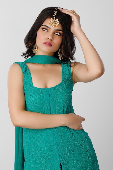 Shop LABEL AISHWARYRIKA Green Georgette Chikankari Square Neck Kurta Palazzo Set Online at Aza Fashions Shop_LABEL AISHWARYRIKA_Green Georgette Chikankari Square Neck Kurta Palazzo Set _Online_at_Aza_Fashions