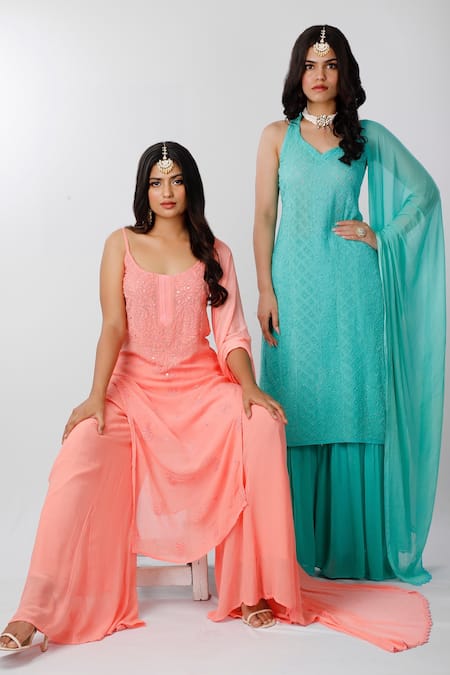 Buy_LABEL AISHWARYRIKA_Blue Georgette Chikankari V Neck Sleeveless Kurta _Online_at_Aza_Fashions