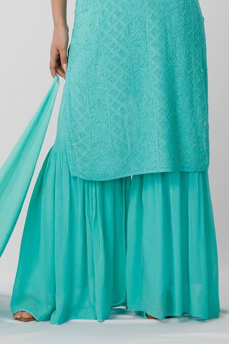 Buy_LABEL AISHWARYRIKA_Blue Georgette Chikankari V Neck Kurta Palazzo Set _Online_at_Aza_Fashions