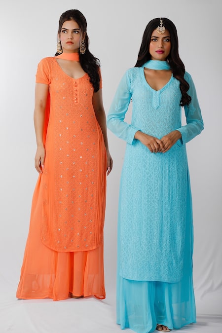 Shop_LABEL AISHWARYRIKA_Orange Georgette Embroidered Chikankari V Neck Kurta Palazzo Set _at_Aza_Fashions