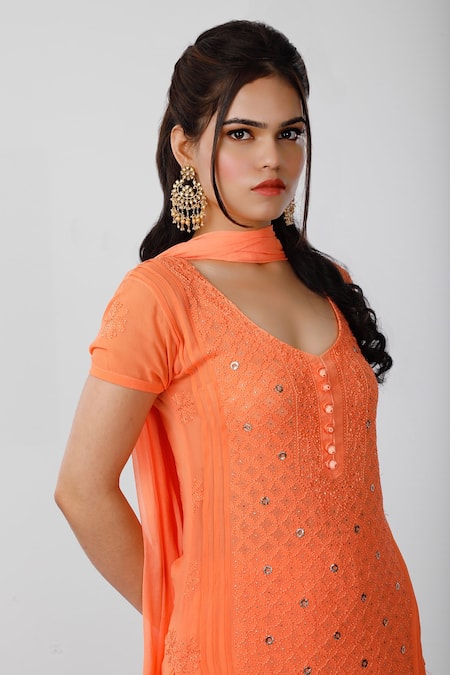 LABEL AISHWARYRIKA_Orange Georgette Embroidered Chikankari V Neck Kurta Palazzo Set _Online_at_Aza_Fashions