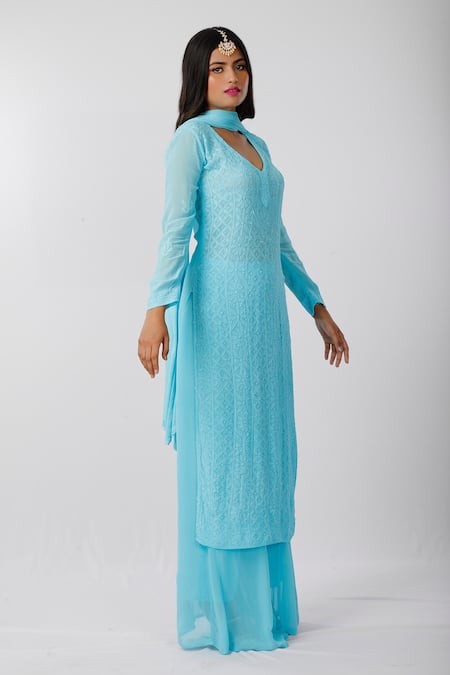 LABEL AISHWARYRIKA Chikankari V Neck Kurta Palazzo Set 