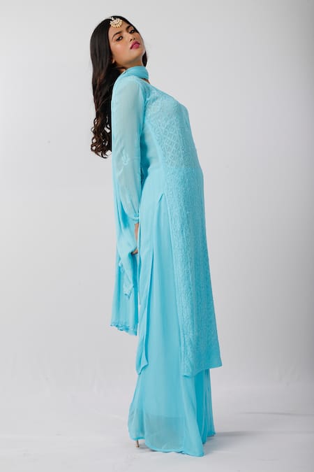 LABEL AISHWARYRIKA_Blue Georgette Chikankari V Neck Kurta Palazzo Set _Online_at_Aza_Fashions