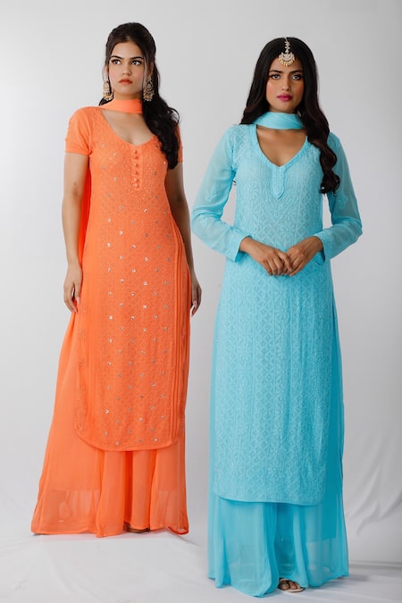 Buy_LABEL AISHWARYRIKA_Blue Georgette Chikankari V Neck Kurta Palazzo Set _Online_at_Aza_Fashions