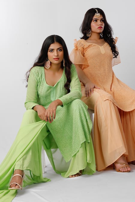 Buy LABEL AISHWARYRIKA Green Georgette Chikankari V Neck Kurta Online at Aza Fashions Buy_LABEL AISHWARYRIKA_Green Georgette Chikankari V Neck Kurta _Online_at_Aza_Fashions