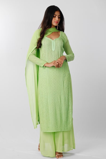 LABEL AISHWARYRIKA Chikankari V Neck Kurta Palazzo Set 