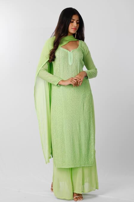 Buy_LABEL AISHWARYRIKA_Green Georgette Chikankari V Neck Kurta Palazzo Set _Online_at_Aza_Fashions
