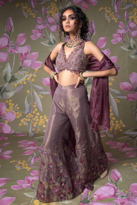 Shop Show Shaa Purple Blouse And Palazzo Kota Dupatta Glass Orchid Embroidered Set at Aza Fashions Shop_Show Shaa_Purple Blouse And Palazzo Kota Dupatta Glass Orchid Embroidered Set _at_Aza_Fashions