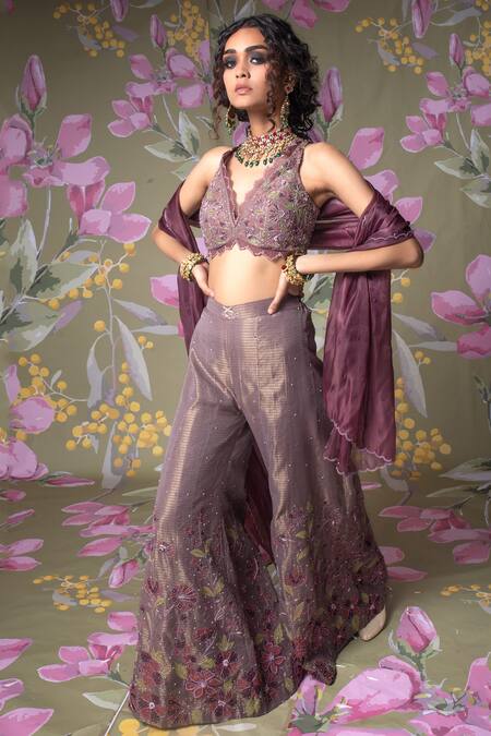 Show Shaa Purple Blouse And Palazzo Kota Dupatta Glass Orchid Embroidered Set Online at Aza Fashions Show Shaa_Purple Blouse And Palazzo Kota Dupatta Glass Orchid Embroidered Set _Online_at_Aza_Fashions