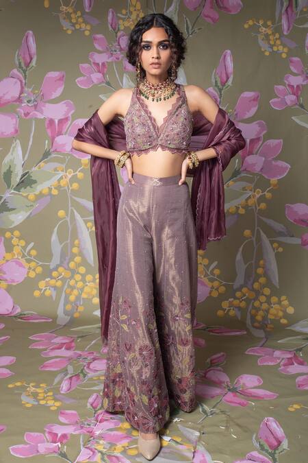 Shop Show Shaa Purple Blouse And Palazzo Kota Dupatta Glass Orchid Embroidered Set Online at Aza Fashions Shop_Show Shaa_Purple Blouse And Palazzo Kota Dupatta Glass Orchid Embroidered Set _Online_at_Aza_Fashions